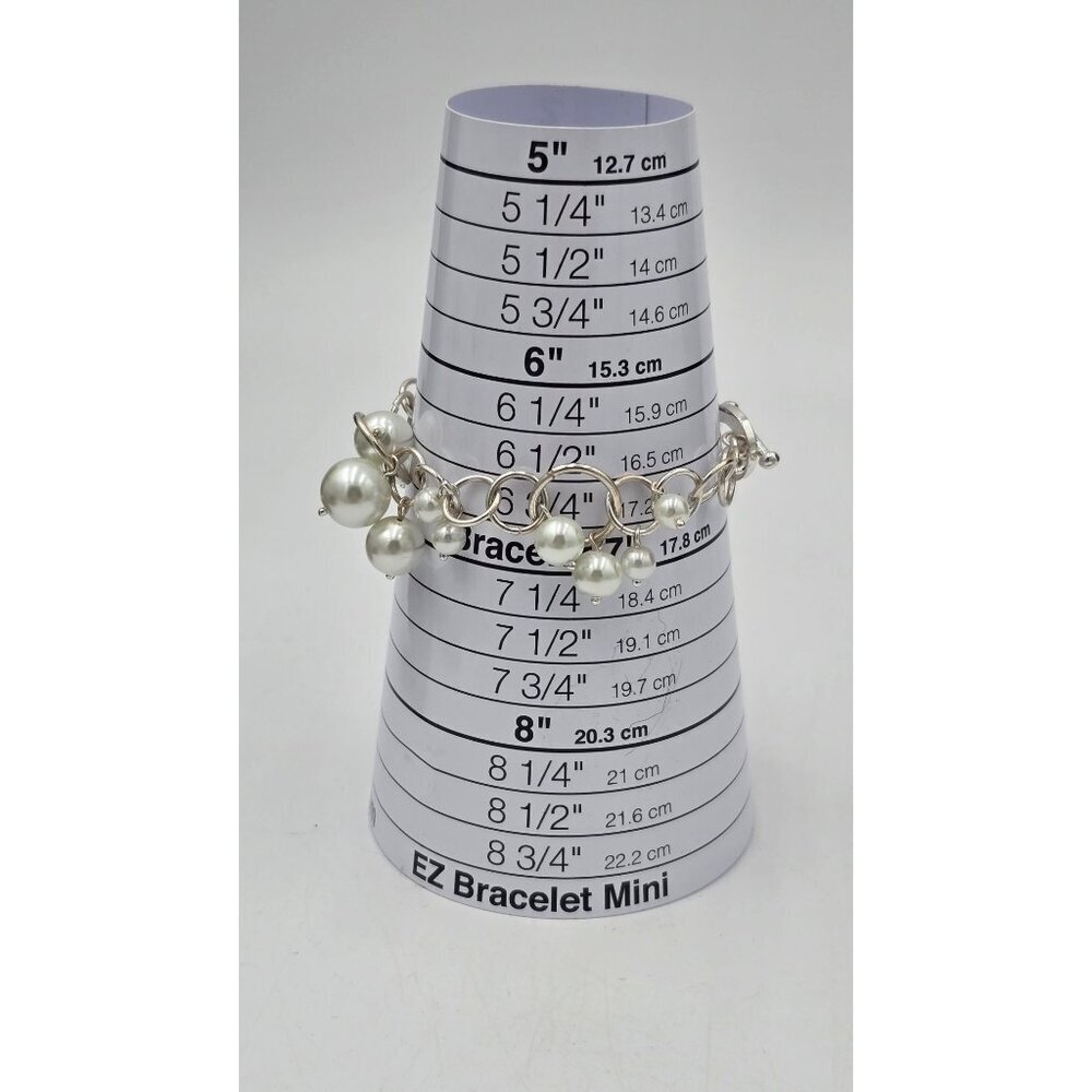 Silver Tone Dangle Faux Pearl Charm Bracelet Circle Link Toggle Clasp Jewelry - Picture 5 of 5